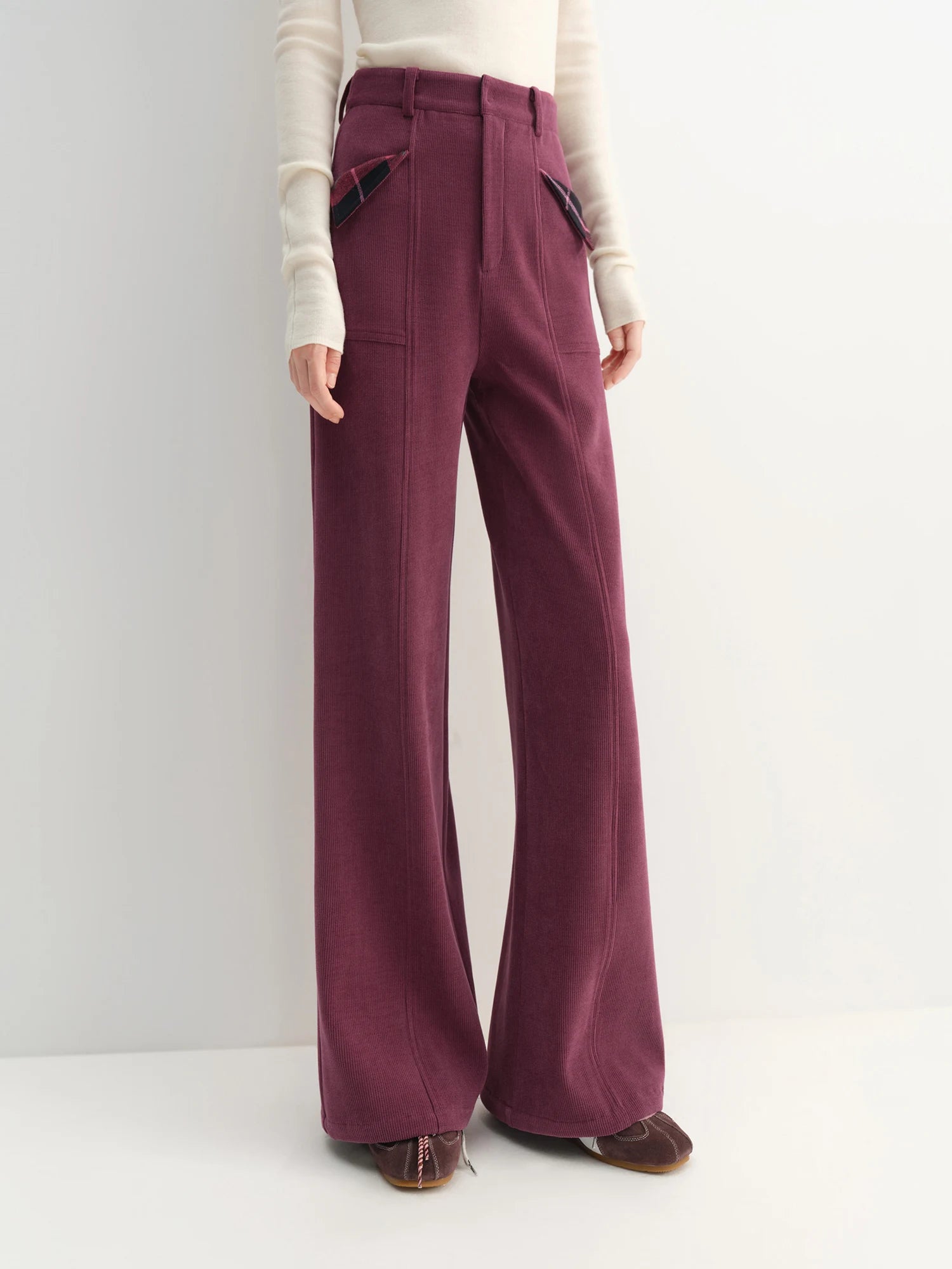 FSLE Women's High-Waisted Corduroy Striped Straight Leg Pants  Autumn/Winter 2025 New Design Raspberry Purple Slimming Fit