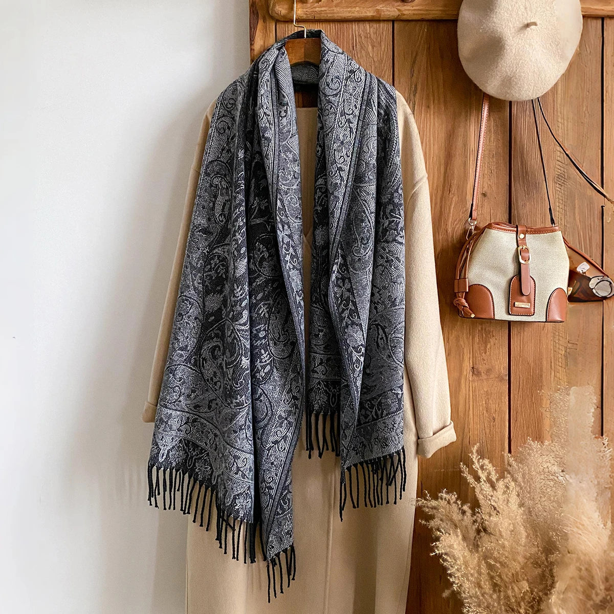 Winter Women's Thick Pashmina Shawl National Style Warm Long Tassel Scarf with Flower Embellishment Versatile Poncho Stole