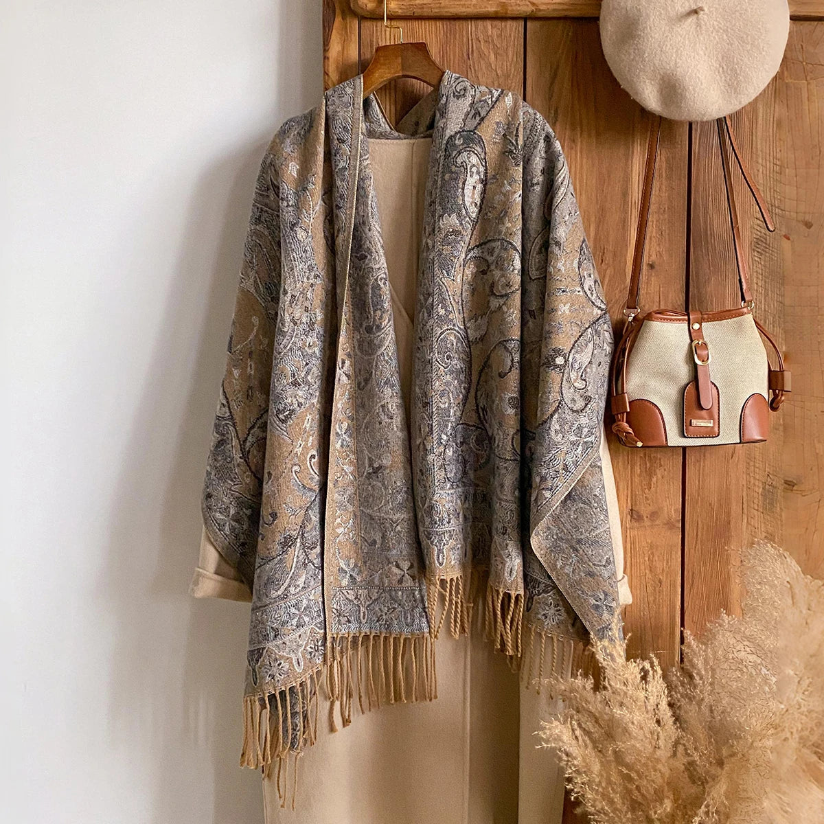 Winter Women's Thick Pashmina Shawl National Style Warm Long Tassel Scarf with Flower Embellishment Versatile Poncho Stole