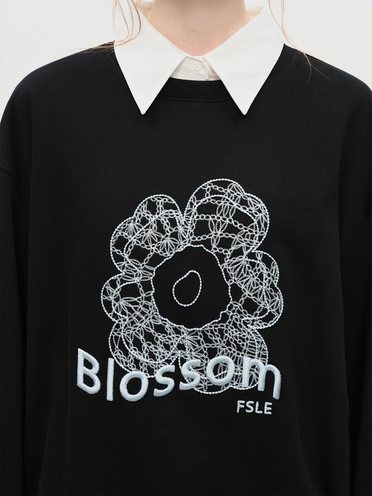 FSLE Winter 2025 Women's Embroidered Drop Shoulder Sweatshirt - 3D Floral Texture Slight Loose Fit Youthful Casual Layering Top
