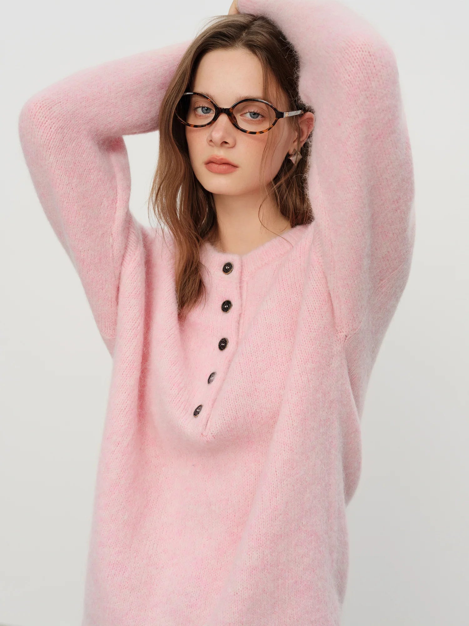 FSLE 2025 Winter Women's Henley Neck Alpaca Wool Blend Sweater - Minimalist Oversized Stand Collar Top for Casual Comfort