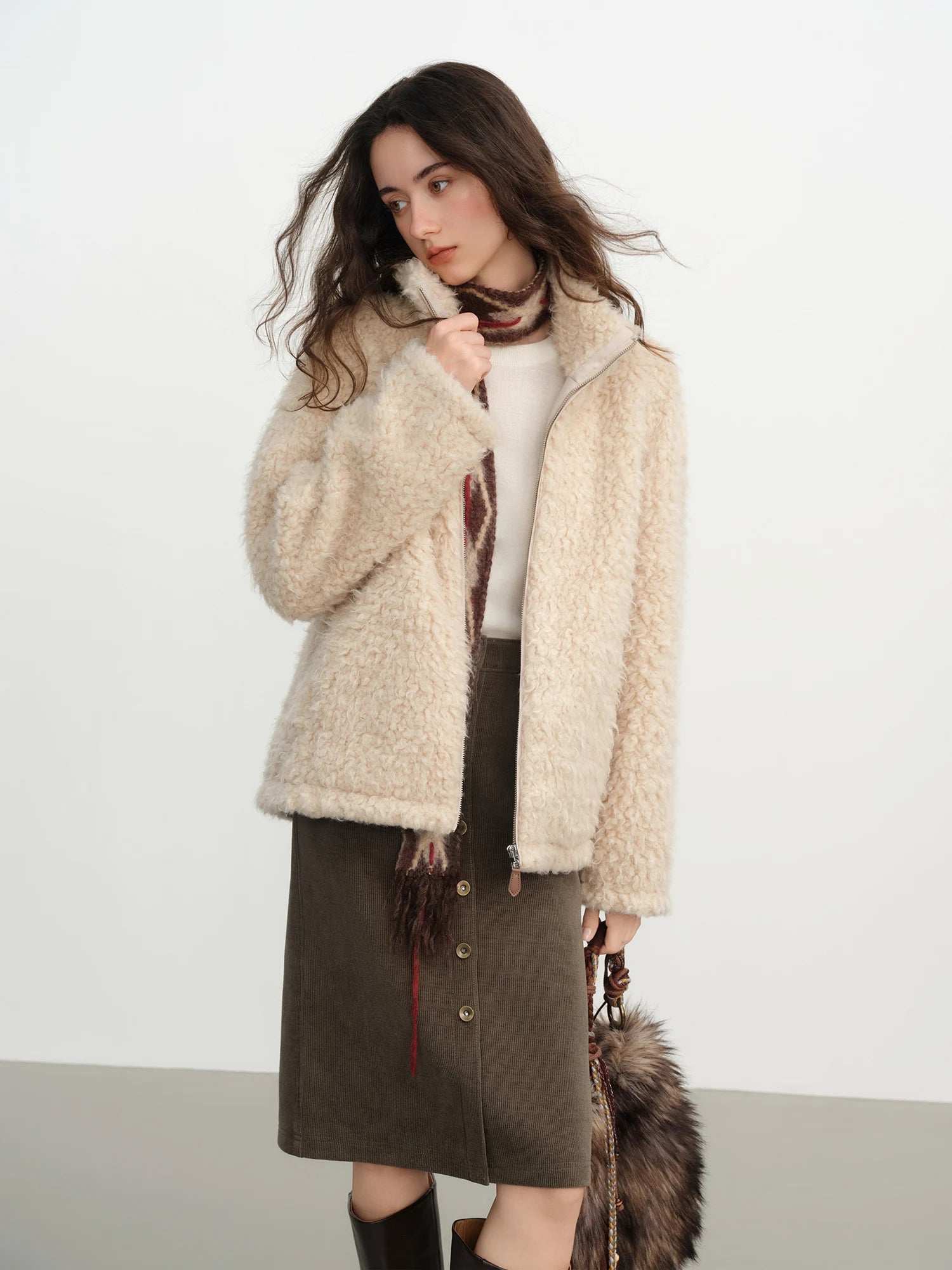 FSLE 2025 Winter New Women's Short Style Faux Fur Turndown Stand Collar Gentle and Soft Pink Textured Velvet Women Jacket