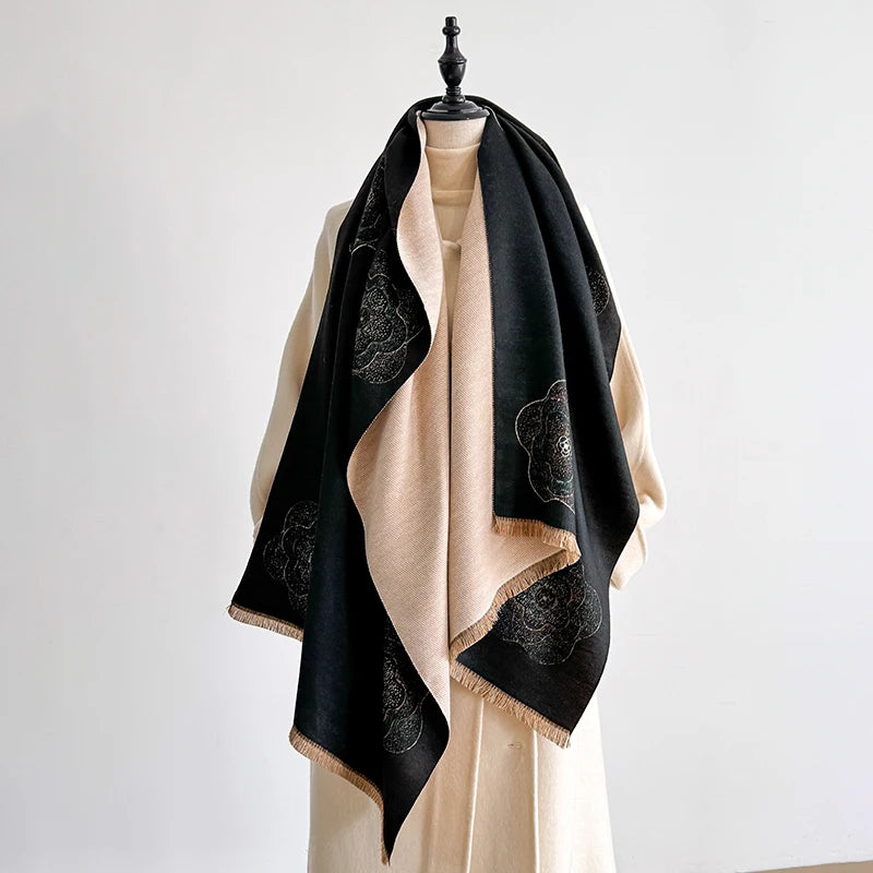 Luxury Designer Brand Winter Blanket Scarf Shawls for Women - Warm Floral Pashmina Print Large Wrap Imitation Cashmere Foulard